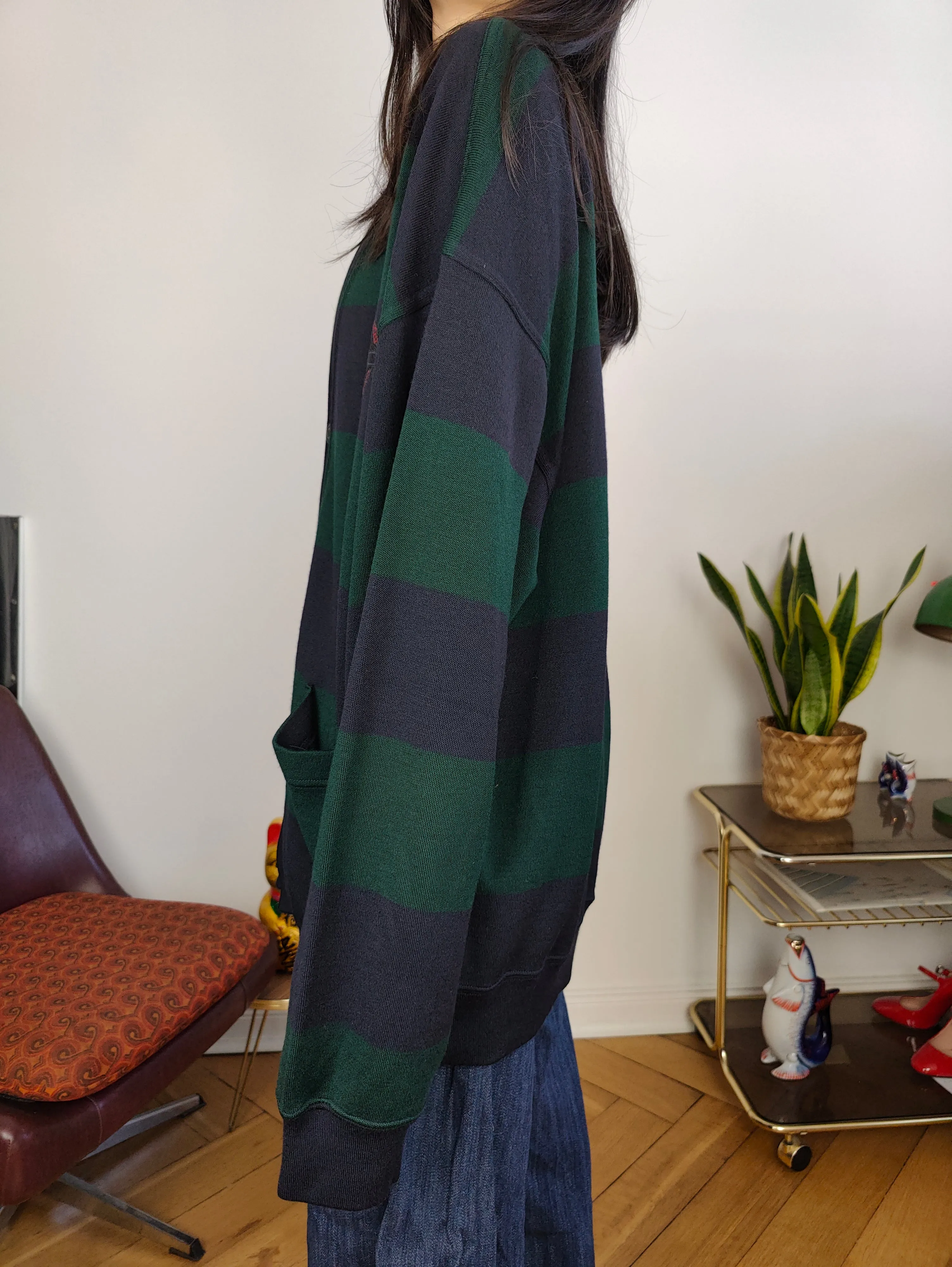 Vintage Paul & Shark 100% wool cardigan stripe knit knitted jacket blue green unisex men XXL