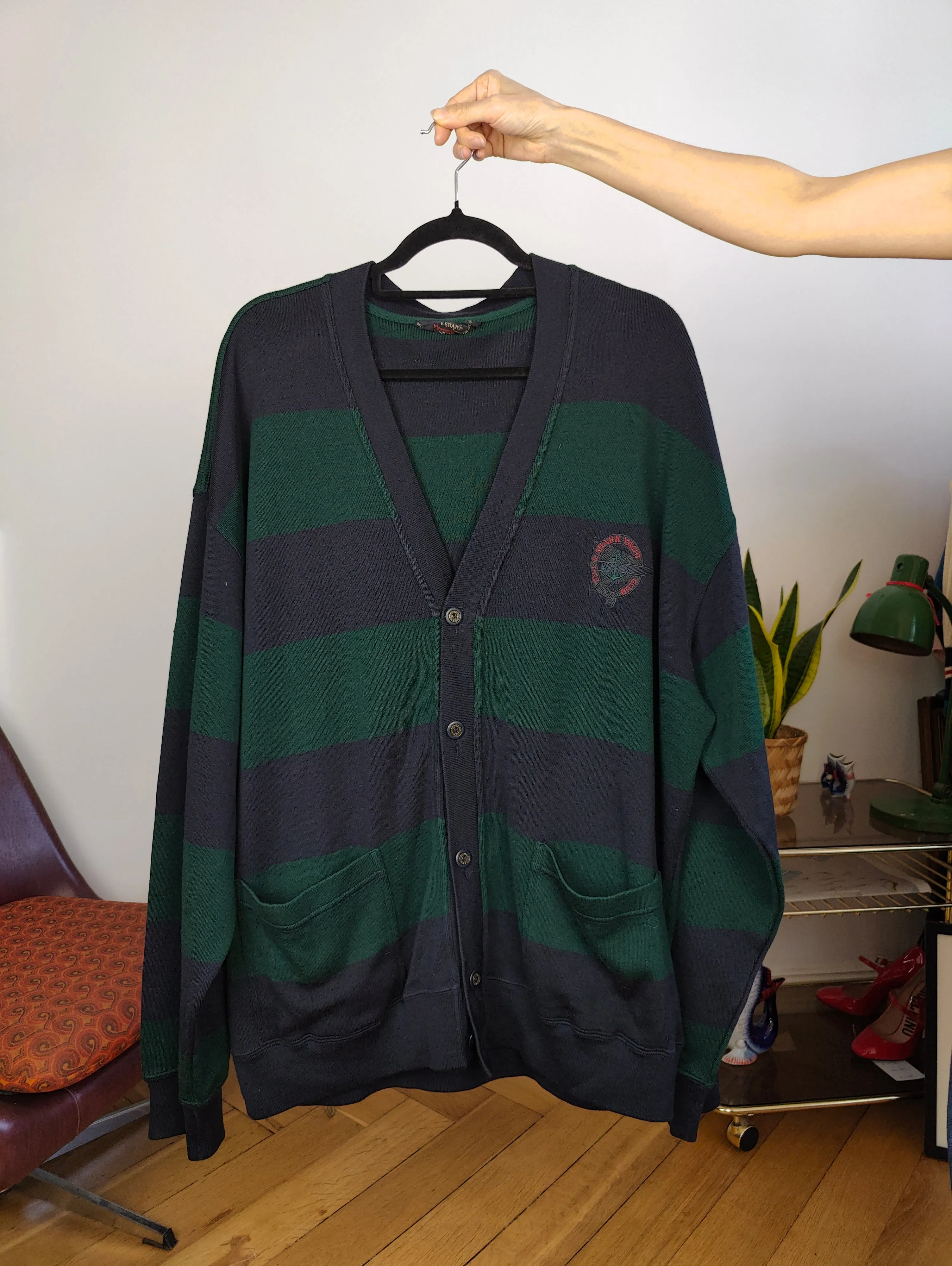 Vintage Paul & Shark 100% wool cardigan stripe knit knitted jacket blue green unisex men XXL