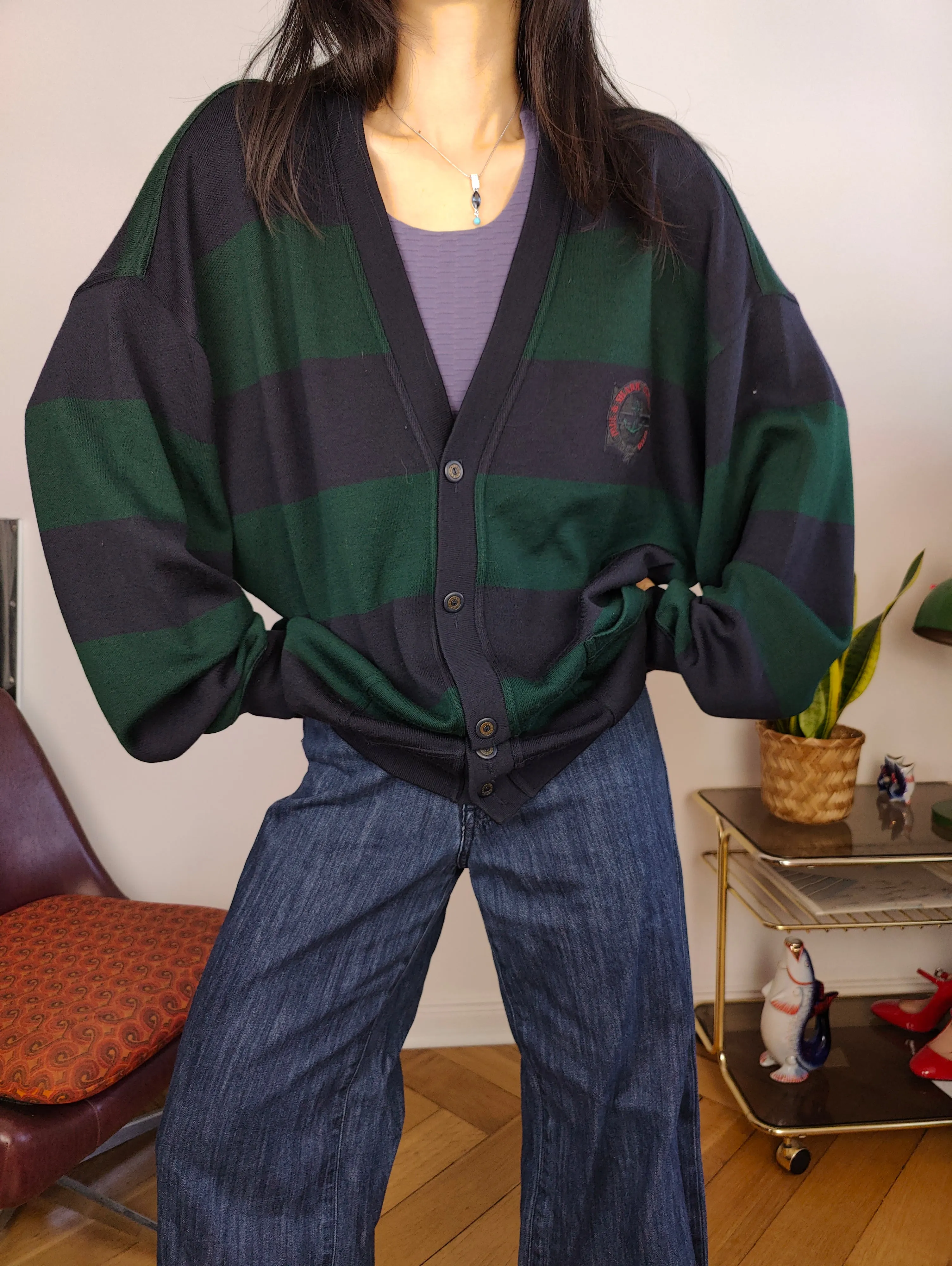 Vintage Paul & Shark 100% wool cardigan stripe knit knitted jacket blue green unisex men XXL