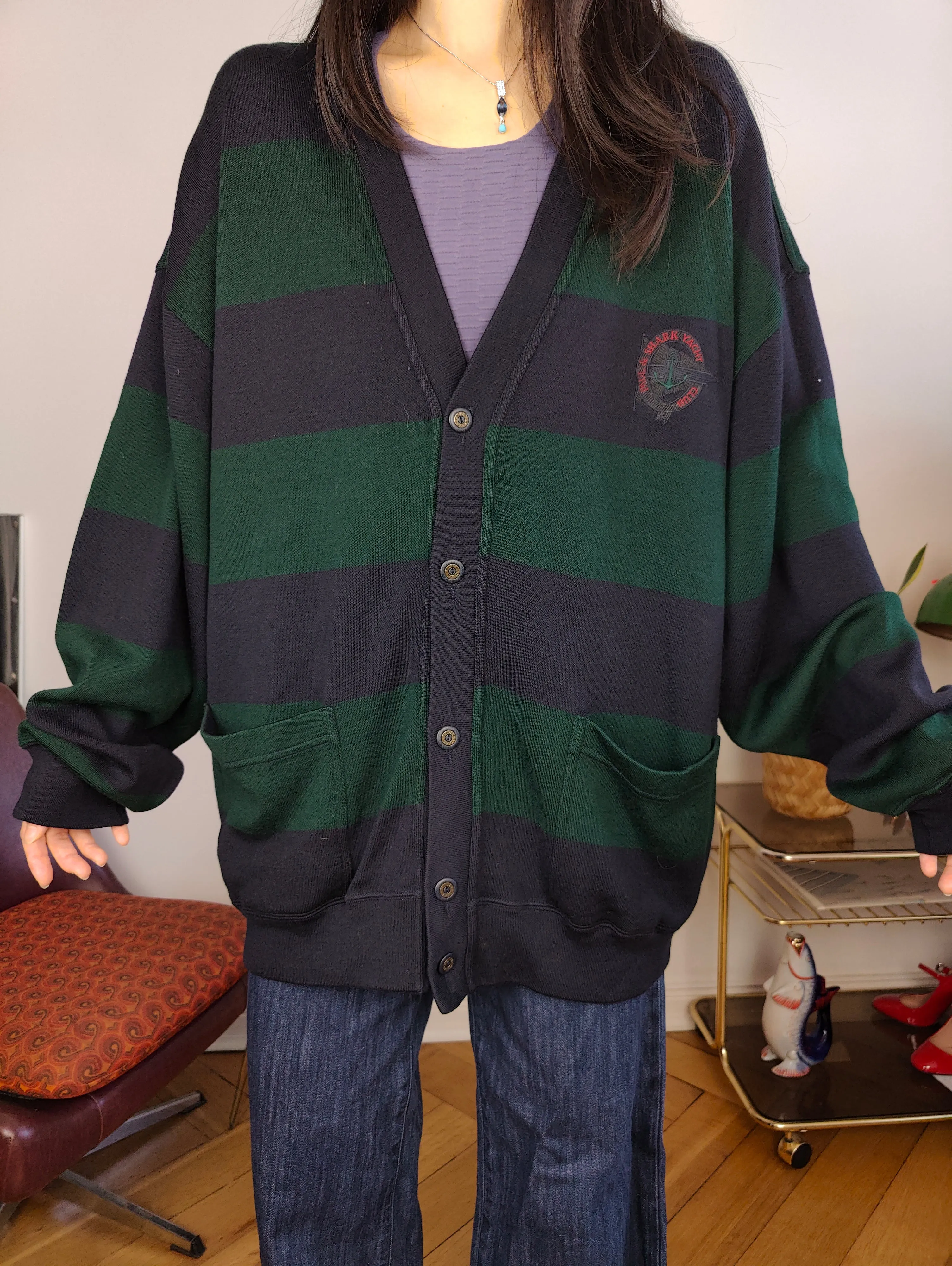 Vintage Paul & Shark 100% wool cardigan stripe knit knitted jacket blue green unisex men XXL