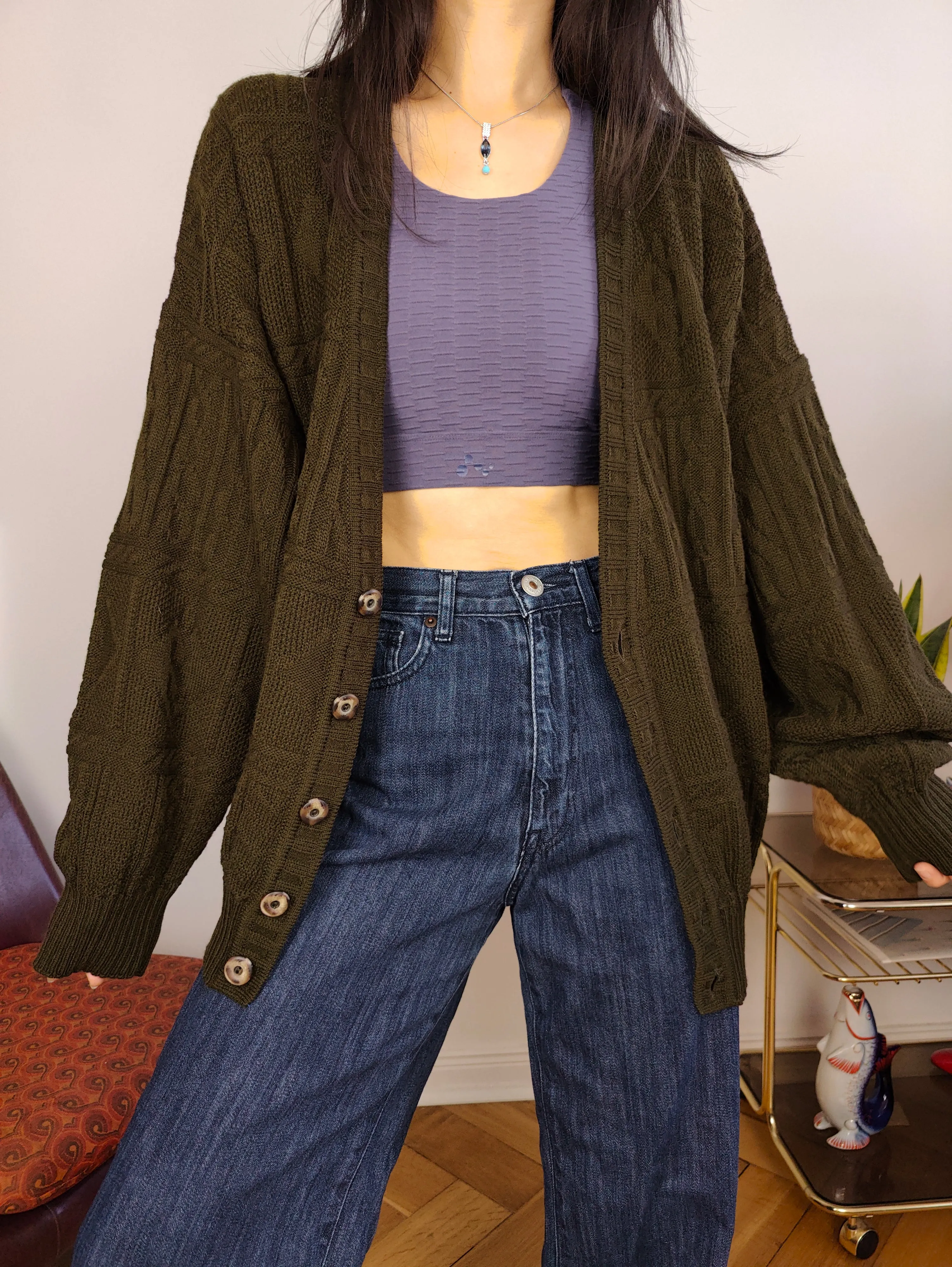 Vintage wool blend cardigan khaki green knit knitted jacket women unisex men L