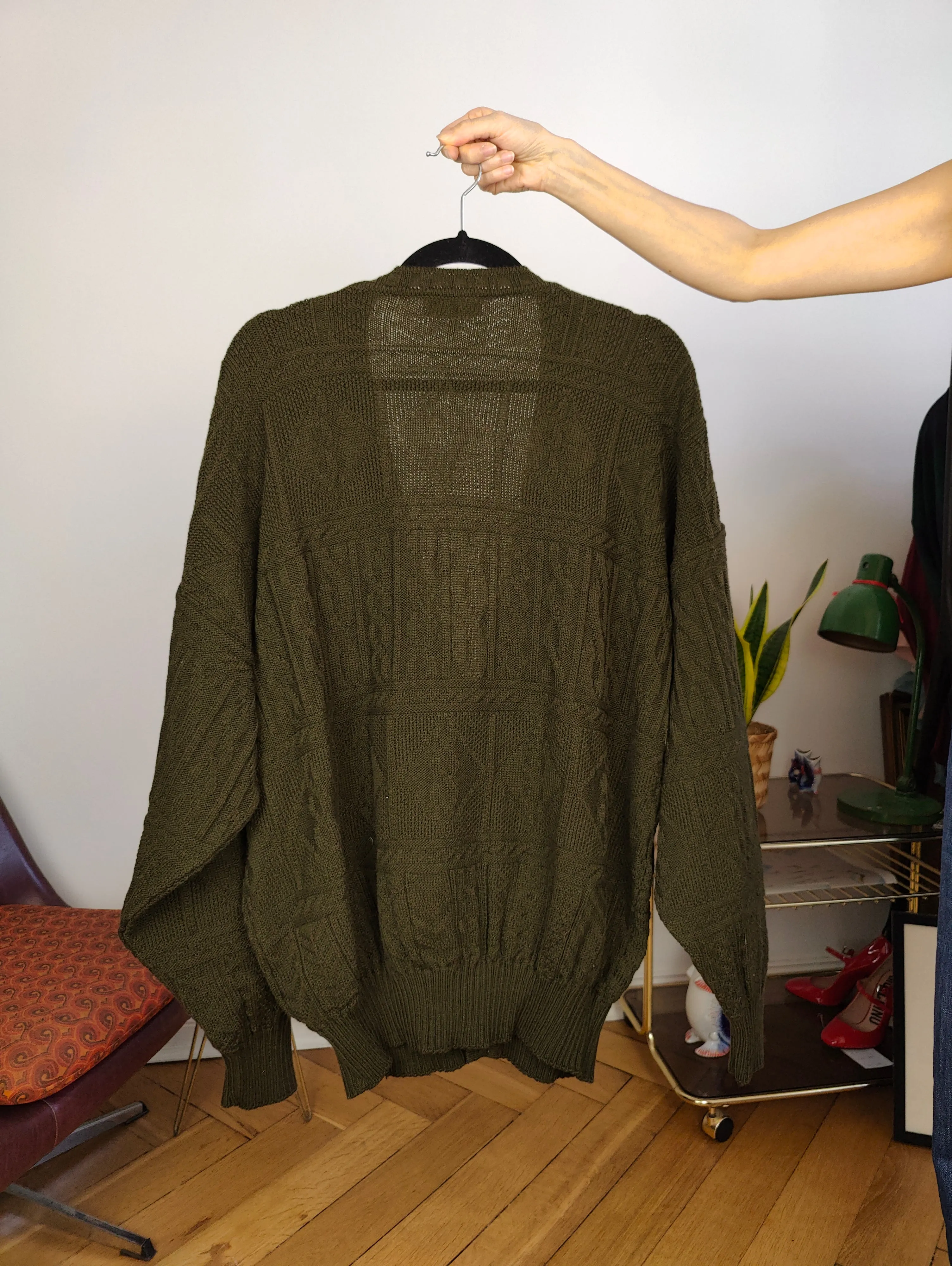 Vintage wool blend cardigan khaki green knit knitted jacket women unisex men L
