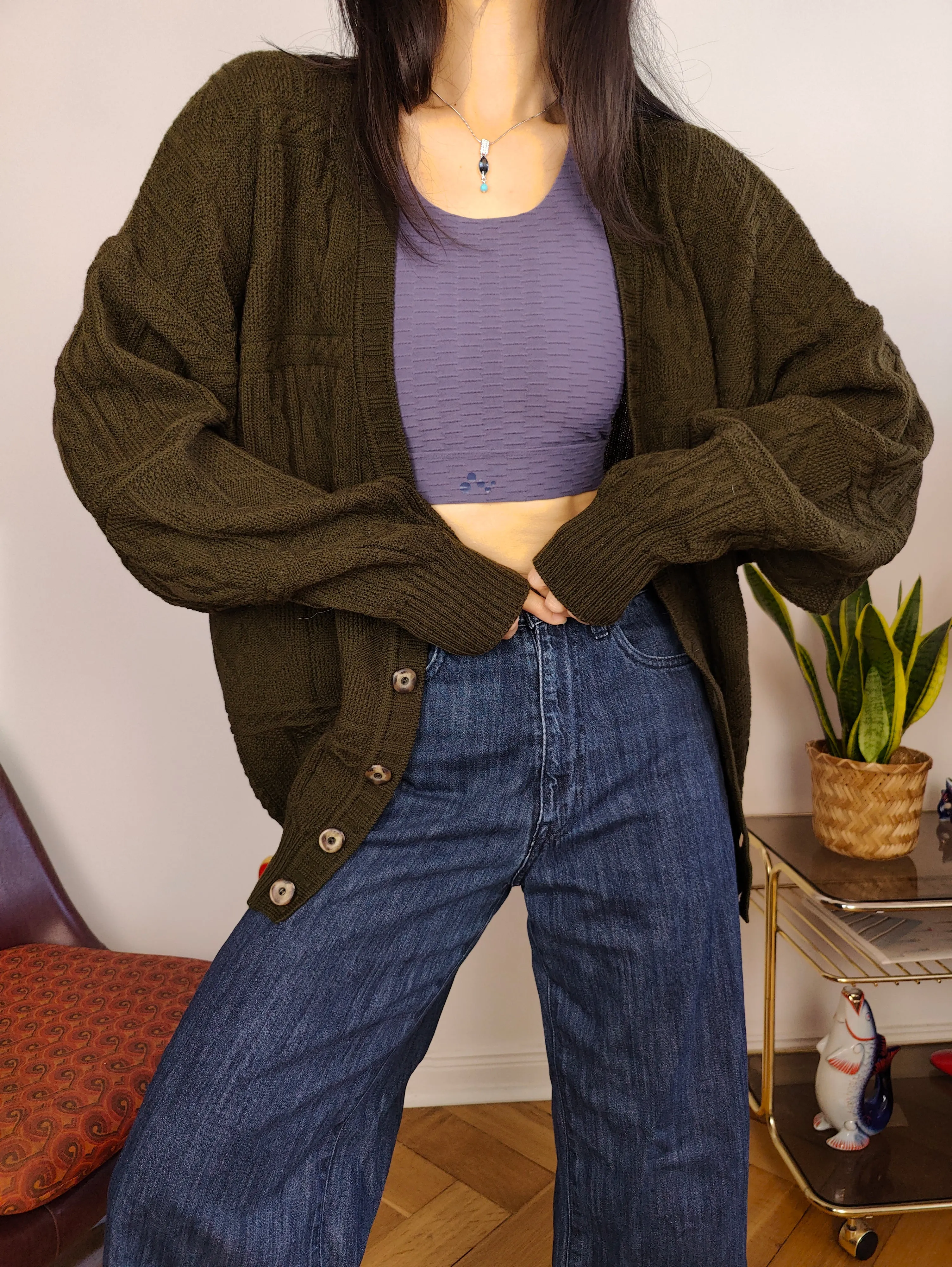 Vintage wool blend cardigan khaki green knit knitted jacket women unisex men L