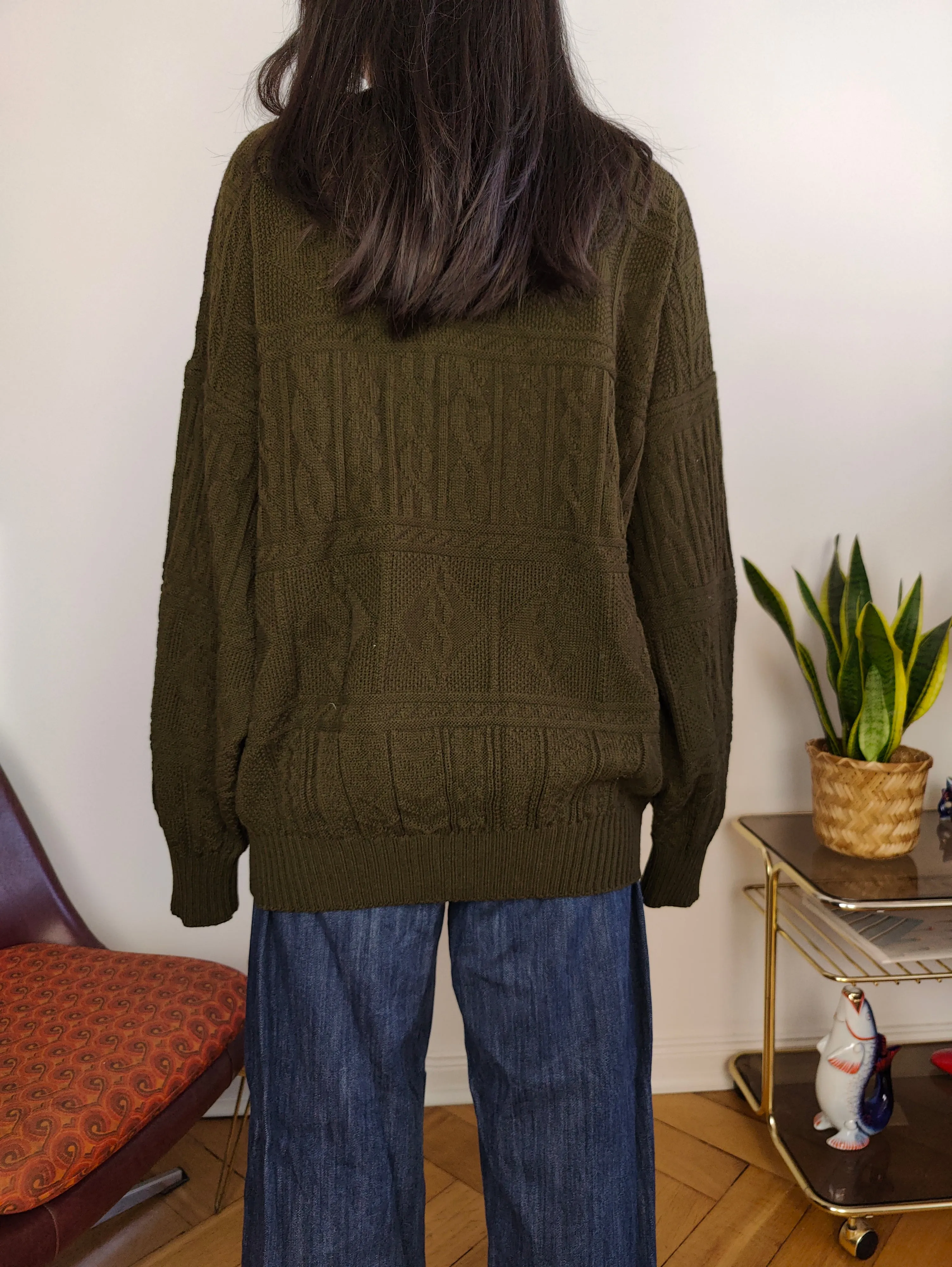 Vintage wool blend cardigan khaki green knit knitted jacket women unisex men L