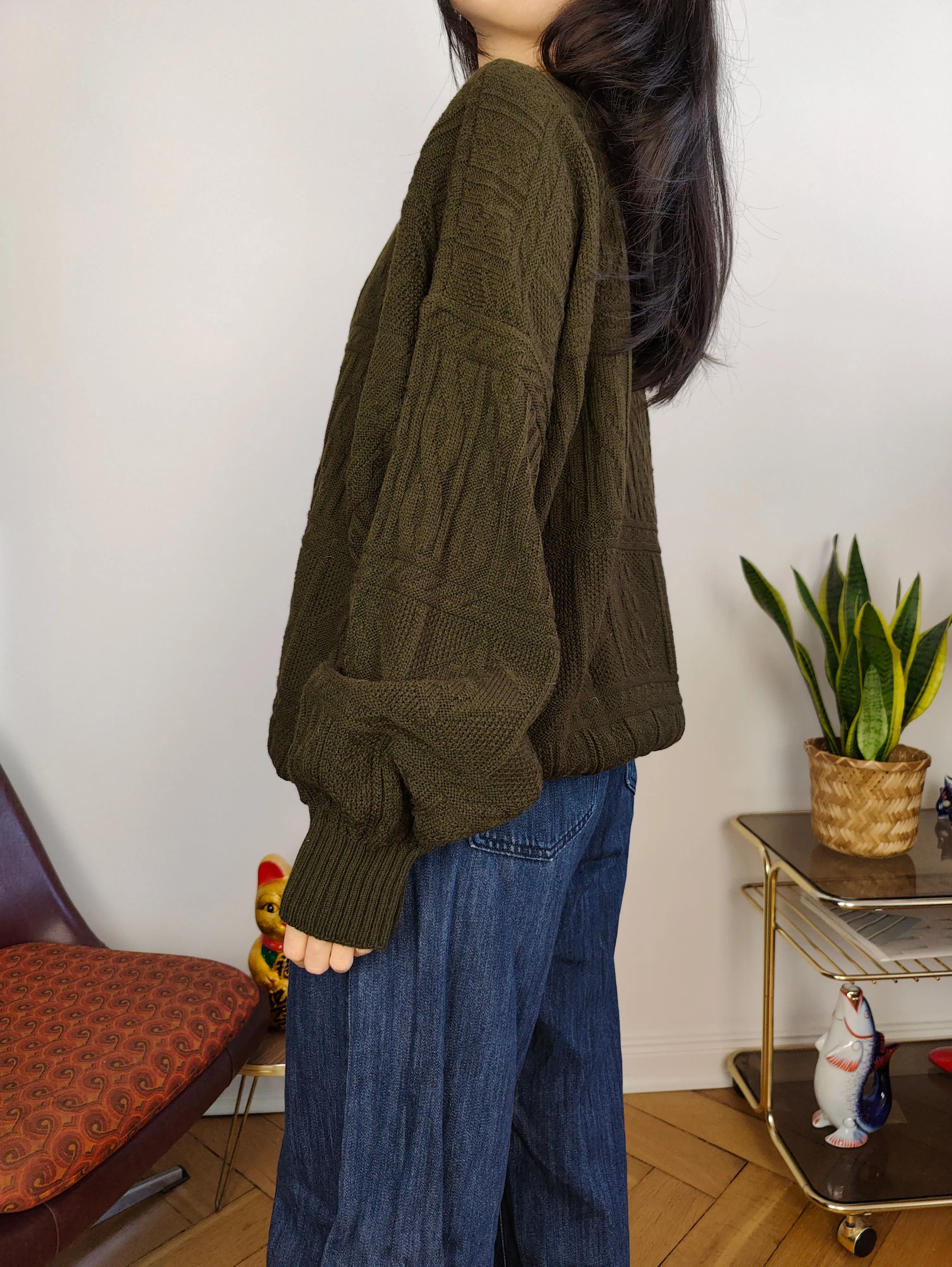 Vintage wool blend cardigan khaki green knit knitted jacket women unisex men L