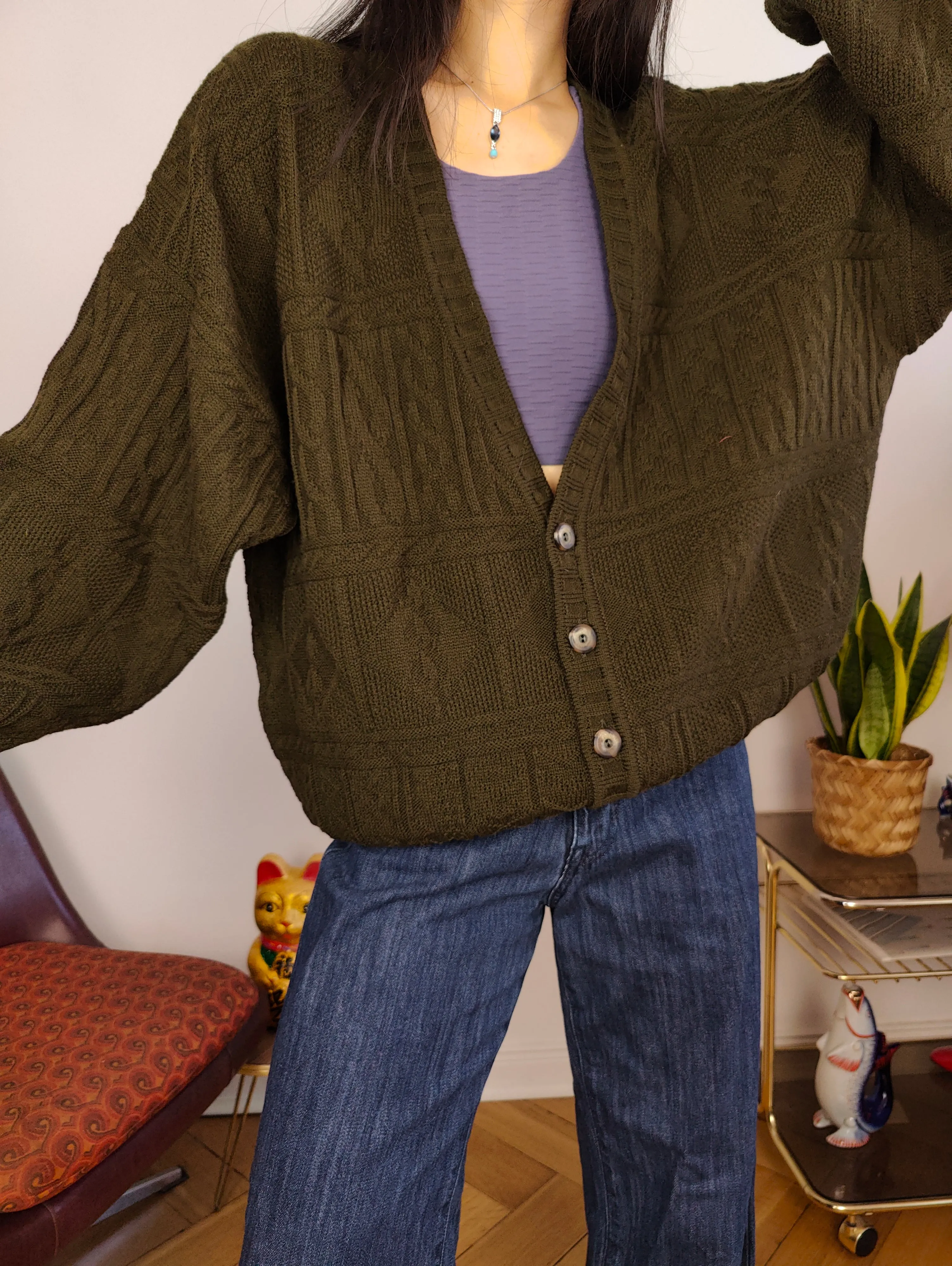 Vintage wool blend cardigan khaki green knit knitted jacket women unisex men L
