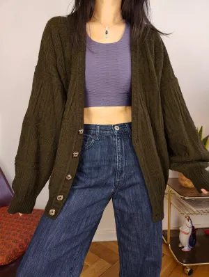 Vintage wool blend cardigan khaki green knit knitted jacket women unisex men L