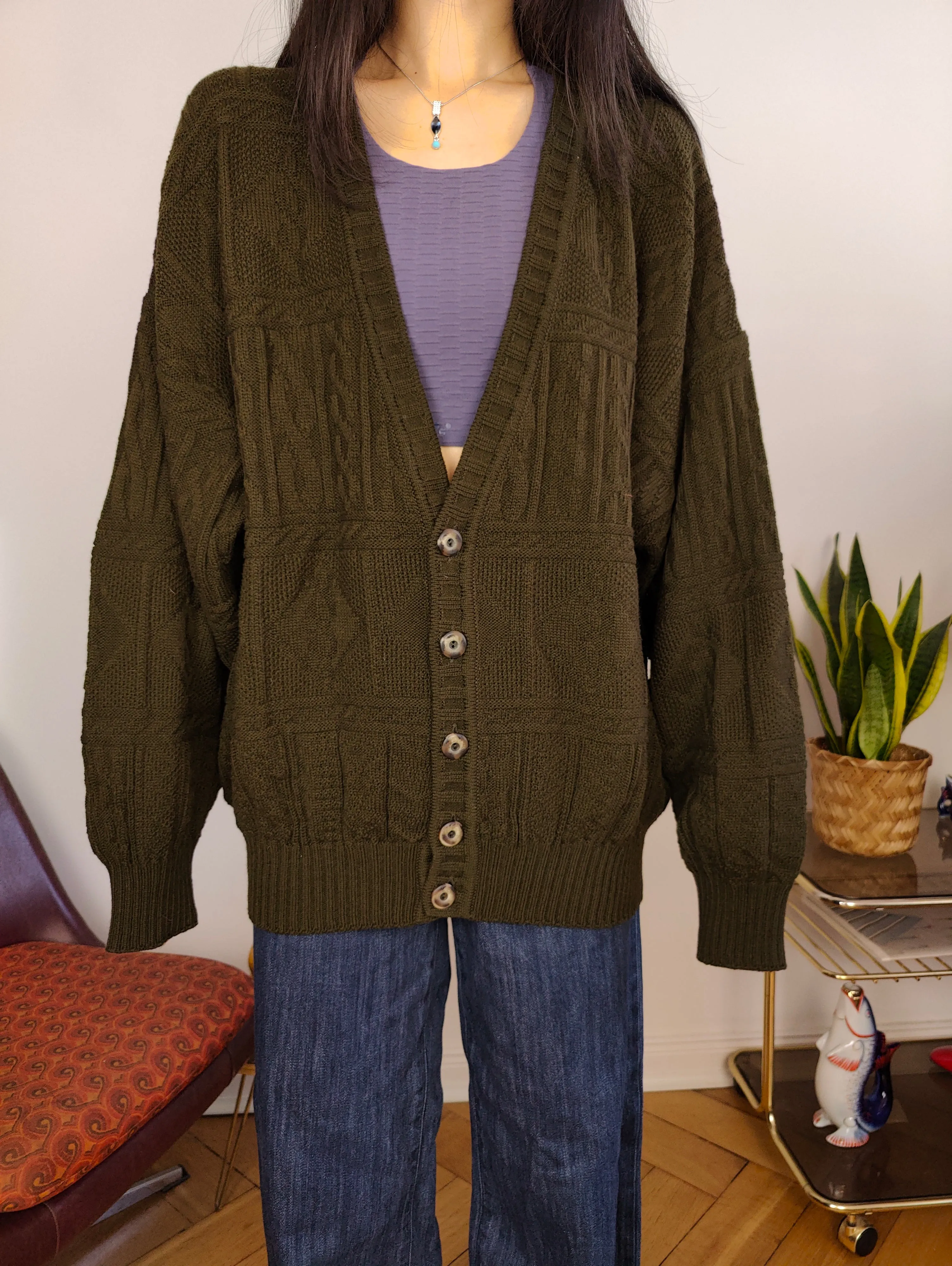 Vintage wool blend cardigan khaki green knit knitted jacket women unisex men L