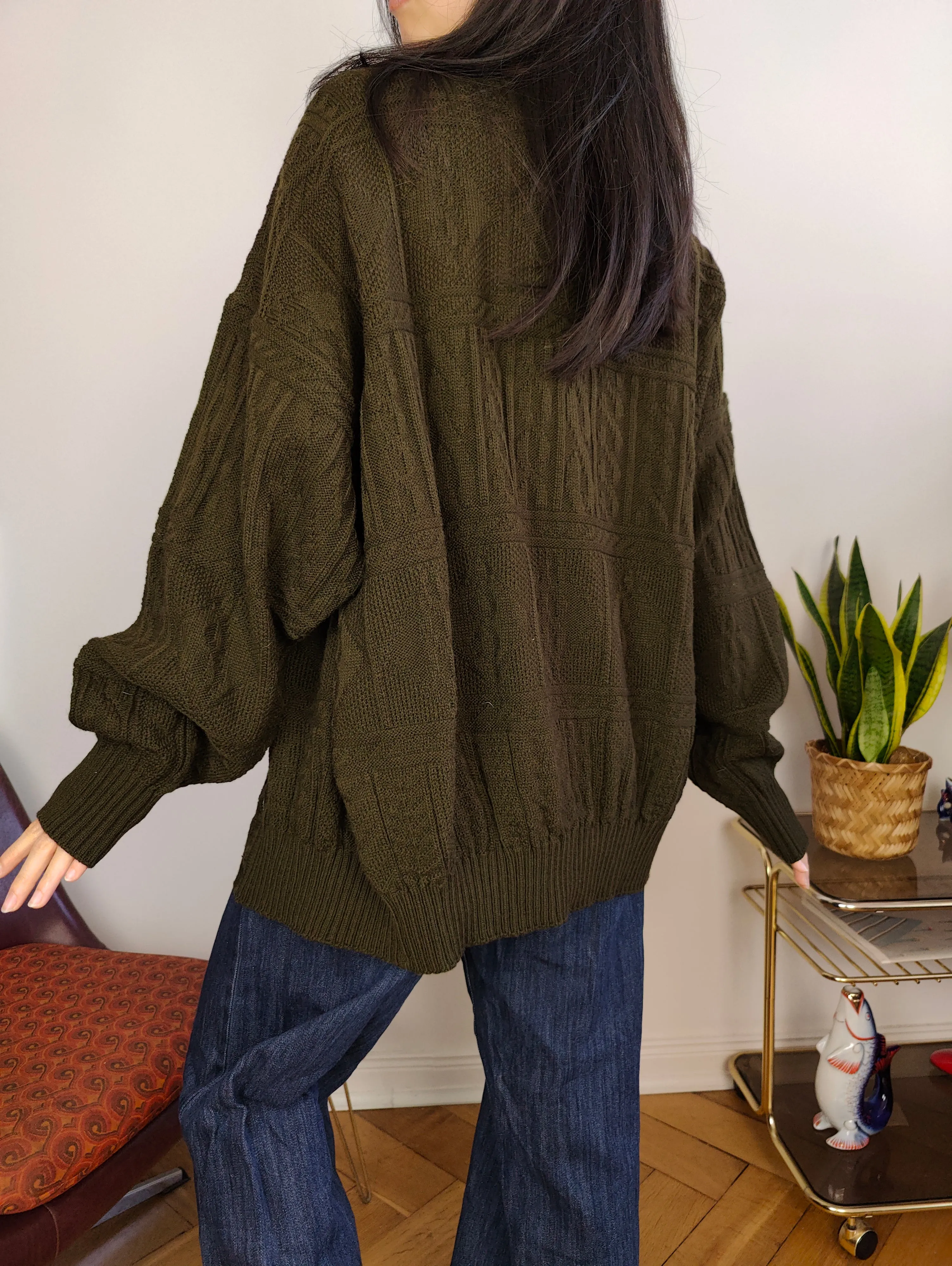 Vintage wool blend cardigan khaki green knit knitted jacket women unisex men L