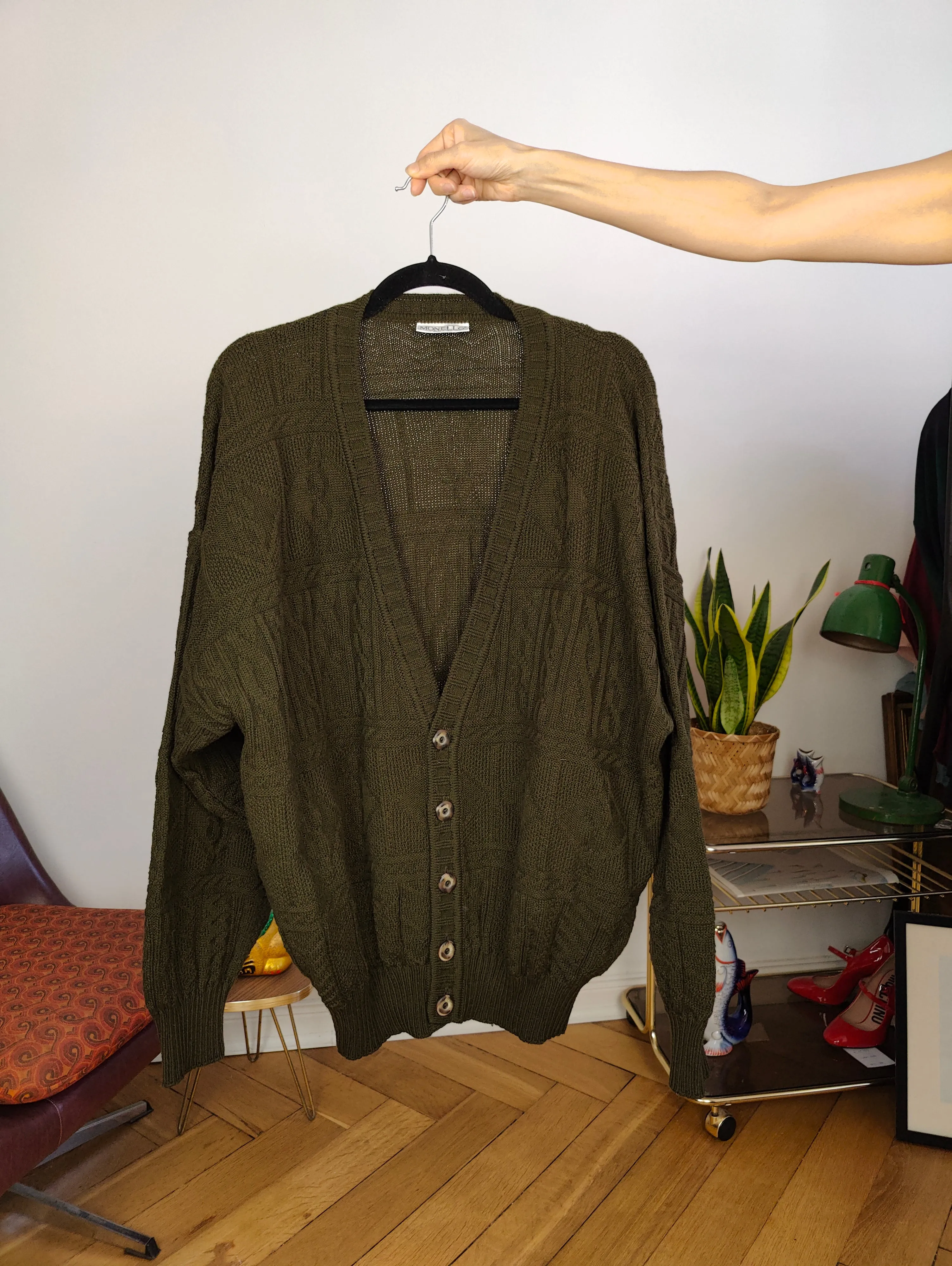 Vintage wool blend cardigan khaki green knit knitted jacket women unisex men L