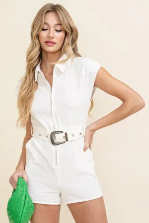 White Sleeveless Zip Up Belted Jean Romper