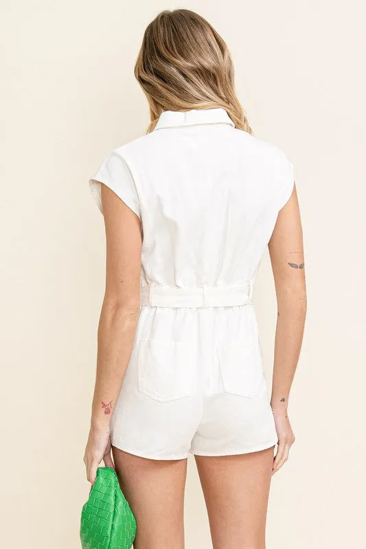 White Sleeveless Zip Up Belted Jean Romper